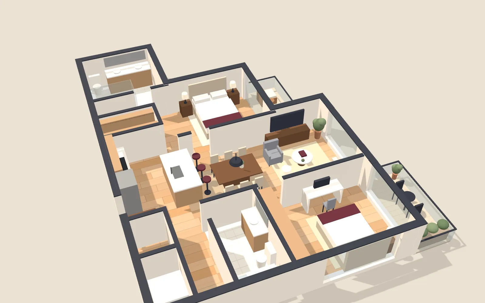 3D model of Suite GPH22 at 280 Howland Avenue: two bedrooms, two bathrooms, an open living and dining room, a kitchen with an island, and two balconies.